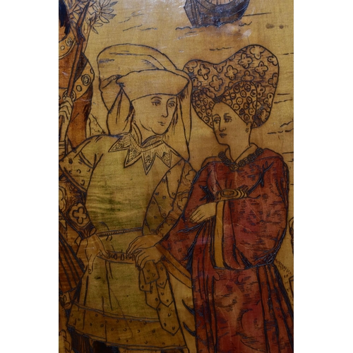 560 - AN EARLY 20TH CENTURY POKER-WORK /PYROGRAPHY PICTURE DEPICTING A MEDIEVAL COUPLE WITH ATTENDANTS AND... 