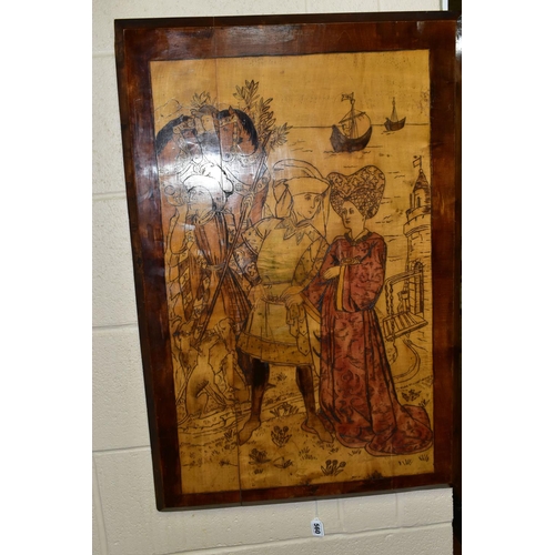 560 - AN EARLY 20TH CENTURY POKER-WORK /PYROGRAPHY PICTURE DEPICTING A MEDIEVAL COUPLE WITH ATTENDANTS AND... 