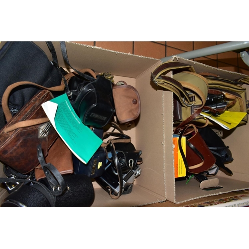 570 - TWO BOXES OF VINTAGE CAMERAS AND BINOCULARS to include a Minolta 7000 camera, a Cosina No. 609778  C... 