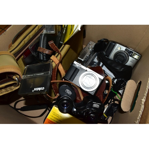 570 - TWO BOXES OF VINTAGE CAMERAS AND BINOCULARS to include a Minolta 7000 camera, a Cosina No. 609778  C... 