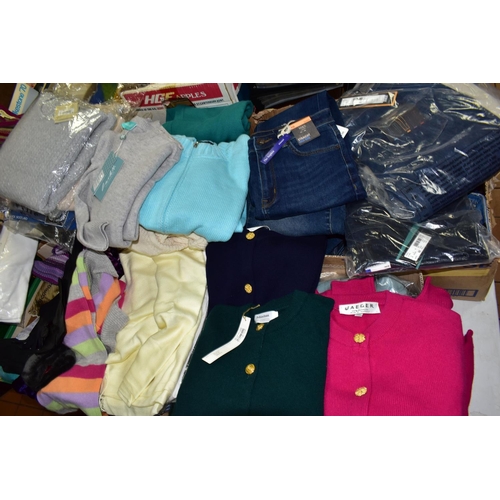 571 - SIX BOXES OF ASSORTED CLOTHES to include over forty ladies assorted woollen and cashmere sweaters an... 