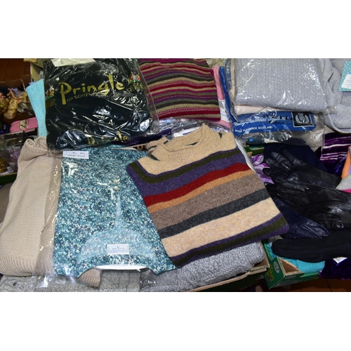 571 - SIX BOXES OF ASSORTED CLOTHES to include over forty ladies assorted woollen and cashmere sweaters an... 