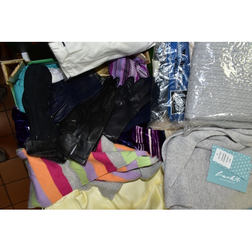 571 - SIX BOXES OF ASSORTED CLOTHES to include over forty ladies assorted woollen and cashmere sweaters an... 