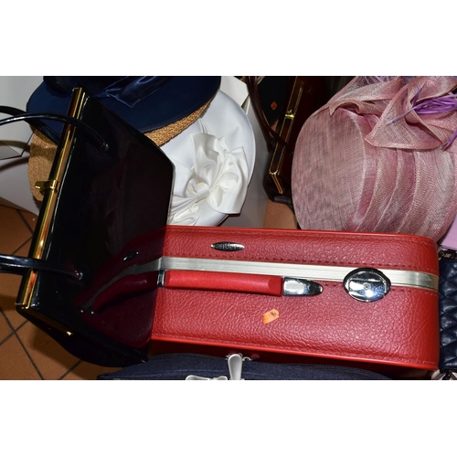 574 - TWO BOXES OF HANDBAGS, HATS & BOXES TOGETHER WITH TWO SUITCASES, to include a small red Antler suitc... 