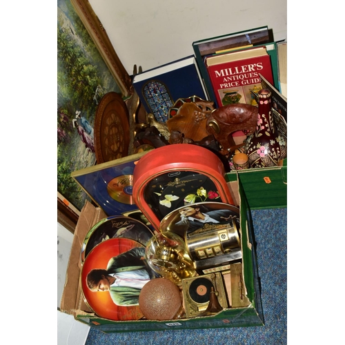 579 - TWO BOXES AND LOOSE TREEN, CLOCKS, BOOKS, PICTURE AND SUNDRY ITEMS, to include a painted wooden folk... 