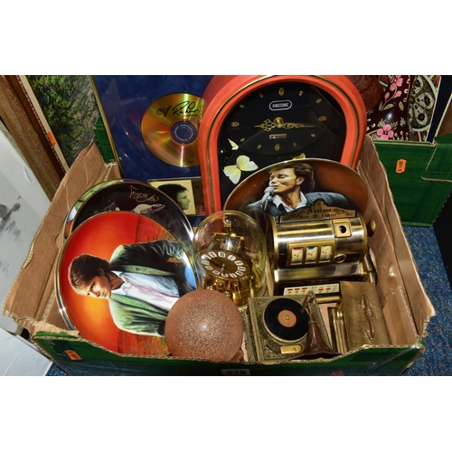 579 - TWO BOXES AND LOOSE TREEN, CLOCKS, BOOKS, PICTURE AND SUNDRY ITEMS, to include a painted wooden folk... 