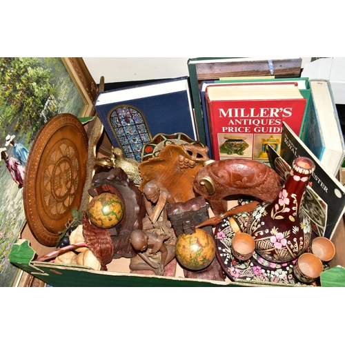 579 - TWO BOXES AND LOOSE TREEN, CLOCKS, BOOKS, PICTURE AND SUNDRY ITEMS, to include a painted wooden folk... 