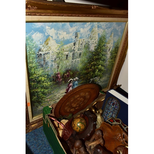 579 - TWO BOXES AND LOOSE TREEN, CLOCKS, BOOKS, PICTURE AND SUNDRY ITEMS, to include a painted wooden folk... 