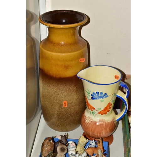 582 - THREE BOXES AND LOOSE CERAMICS AND CAT ORNAMENTS, to include a West German vase marked 239-47, heigh... 