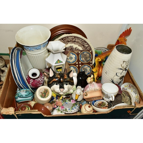 582 - THREE BOXES AND LOOSE CERAMICS AND CAT ORNAMENTS, to include a West German vase marked 239-47, heigh... 