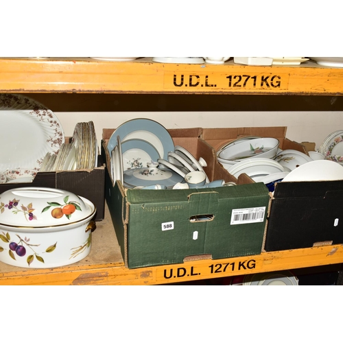 588 - FOUR BOXES AND LOOSE CERAMICS, to include a forty four piece Royal Doulton 'Rose Elegans' TC1010 din... 