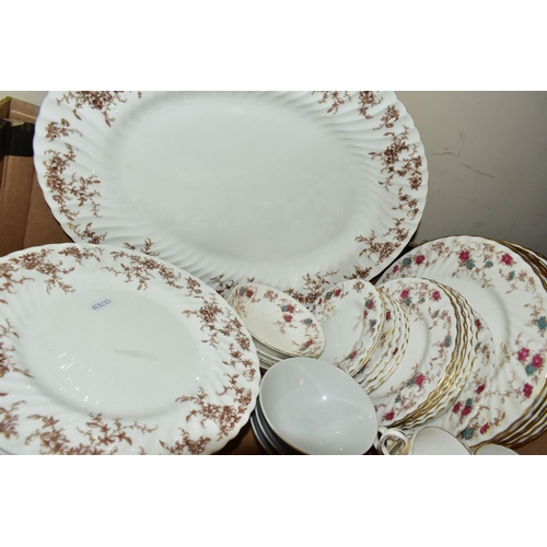 588 - FOUR BOXES AND LOOSE CERAMICS, to include a forty four piece Royal Doulton 'Rose Elegans' TC1010 din... 