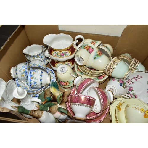 589 - FIVE BOXES OF ASSORTED TEAWARES, to include fifteen pieces of Royal Albert 'Winter Cherry' printed a... 