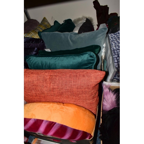 591 - SEVEN BOXES OF TEXTILES, CUSHIONS AND CURTAINS, comprising a Dunelm 'Carys' super king duvet cover s... 