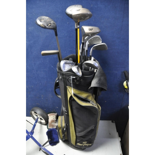 1069 - GOLF CLUBS AND TROLLEY to include a Macgregor golf bag containing various clubs such as Progen, Mizu... 