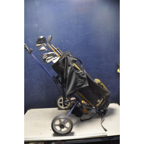 1069 - GOLF CLUBS AND TROLLEY to include a Macgregor golf bag containing various clubs such as Progen, Mizu... 