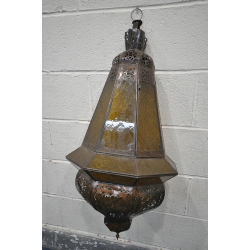 1315 - A MORROCAN LANTERN, with yellow etched glass panels, drop height 83cm