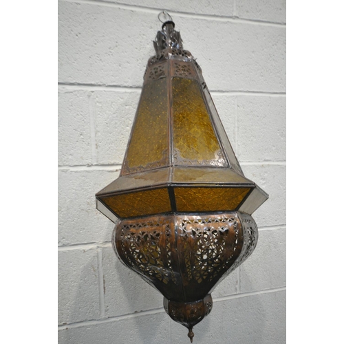 1315 - A MORROCAN LANTERN, with yellow etched glass panels, drop height 83cm