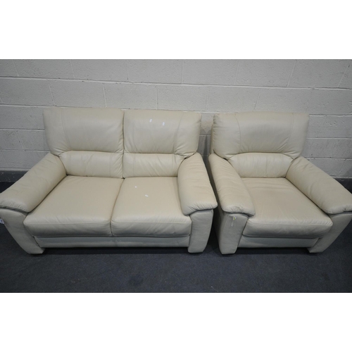 1318 - A CREAM LEATHERETTE TWO PIECE LOUNGE SUITE, comprising a two seater sofa, length 144cm x depth 100cm... 