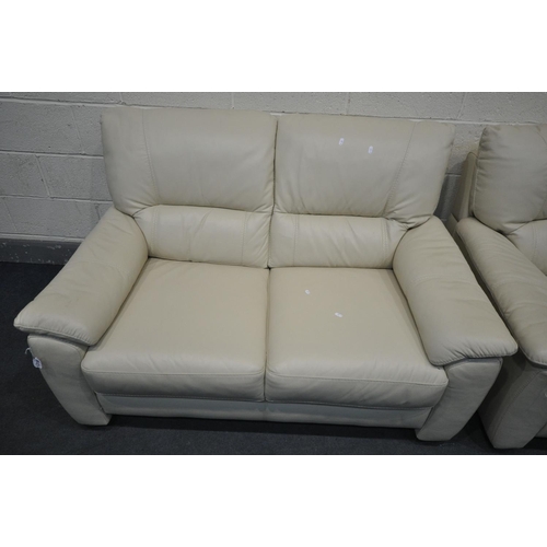 1318 - A CREAM LEATHERETTE TWO PIECE LOUNGE SUITE, comprising a two seater sofa, length 144cm x depth 100cm... 