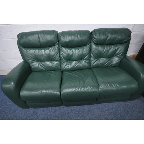 1330 - A GREEN LEATHER THREE SEATER RECLINING LOUNGE SUITE, length 190cm, and a brown leather manual reclin... 