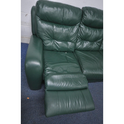 1330 - A GREEN LEATHER THREE SEATER RECLINING LOUNGE SUITE, length 190cm, and a brown leather manual reclin... 