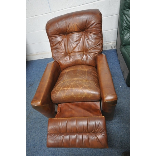 1330 - A GREEN LEATHER THREE SEATER RECLINING LOUNGE SUITE, length 190cm, and a brown leather manual reclin... 