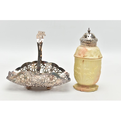 109 - A SILVER TOPED SUGAR CASTER AND EPNS BONBON BASKET, a cream and pink caster signed 'Locke & Co of Wo... 