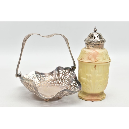 109 - A SILVER TOPED SUGAR CASTER AND EPNS BONBON BASKET, a cream and pink caster signed 'Locke & Co of Wo... 