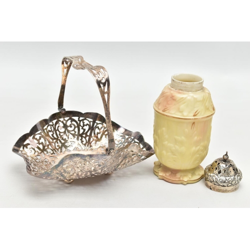 109 - A SILVER TOPED SUGAR CASTER AND EPNS BONBON BASKET, a cream and pink caster signed 'Locke & Co of Wo... 