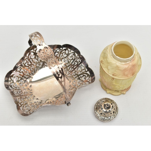 109 - A SILVER TOPED SUGAR CASTER AND EPNS BONBON BASKET, a cream and pink caster signed 'Locke & Co of Wo... 