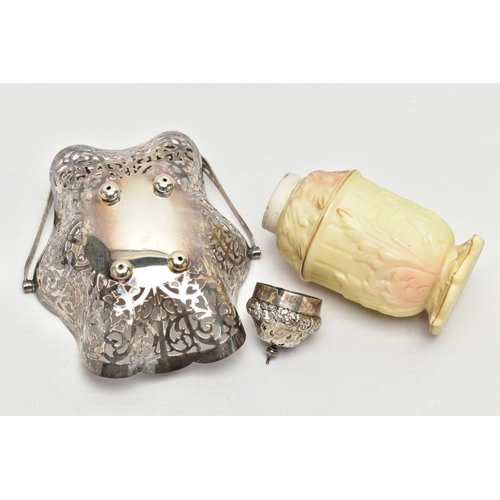 109 - A SILVER TOPED SUGAR CASTER AND EPNS BONBON BASKET, a cream and pink caster signed 'Locke & Co of Wo... 