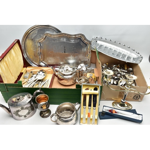 114 - A BOX OF ASSORTED WHITE METAL WARE, to include a three piece EPBM tea service set comprising of a te... 