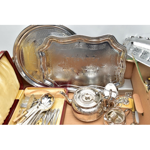 114 - A BOX OF ASSORTED WHITE METAL WARE, to include a three piece EPBM tea service set comprising of a te... 