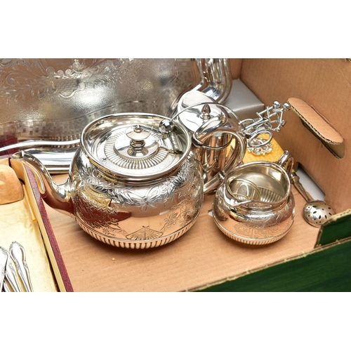 114 - A BOX OF ASSORTED WHITE METAL WARE, to include a three piece EPBM tea service set comprising of a te... 