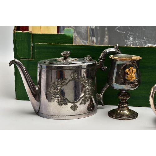 114 - A BOX OF ASSORTED WHITE METAL WARE, to include a three piece EPBM tea service set comprising of a te... 