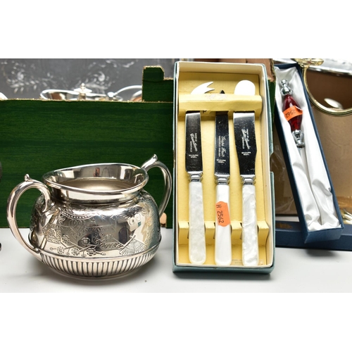 114 - A BOX OF ASSORTED WHITE METAL WARE, to include a three piece EPBM tea service set comprising of a te... 