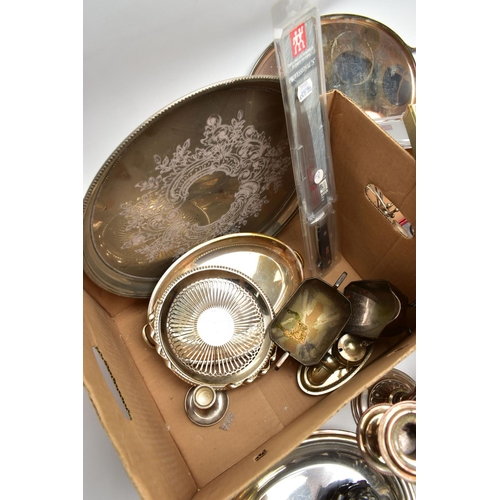 115 - A BOX OF ASSORTED WHITE METAL WARE, to include a three branch, silver on copper candle stick, a silv... 