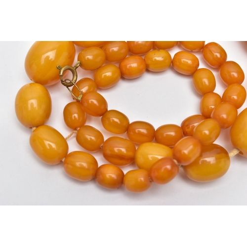 15 - A BAKELITE BEAD NECKLACE, a single row of graduated oval beads, forty one in total, largest measurin... 