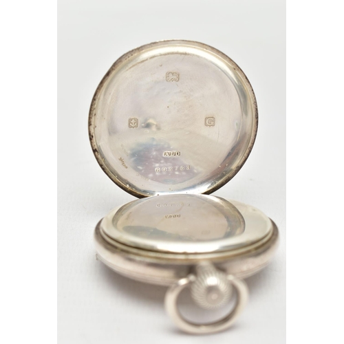 17 - AN EARLY 20TH CENTURY SILVER FULL HUNTER POCKET WATCH, the circular white dial with Roman numeral ho... 