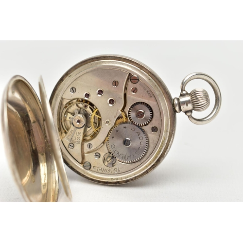 17 - AN EARLY 20TH CENTURY SILVER FULL HUNTER POCKET WATCH, the circular white dial with Roman numeral ho... 