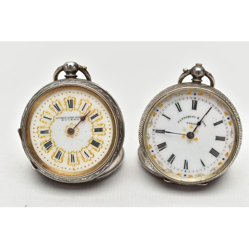 19 - TWO SILVER LADIES POCKET WATCHES, the first a white circular dial with Roman numeral hourly markers,... 