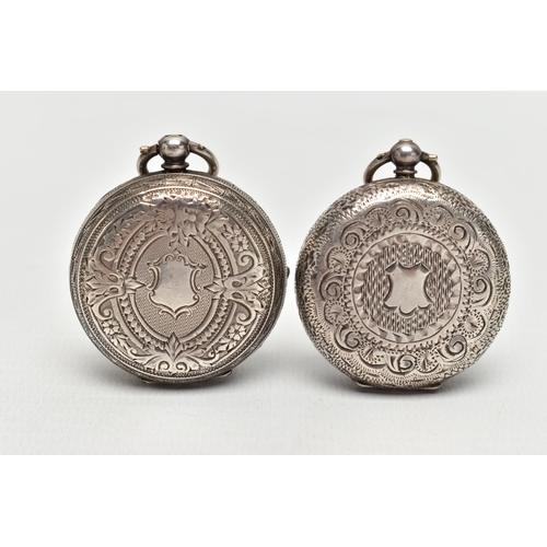 19 - TWO SILVER LADIES POCKET WATCHES, the first a white circular dial with Roman numeral hourly markers,... 