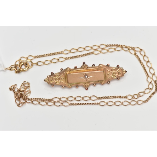 22 - A LATE VICTORIAN 9CT GOLD DIAMOND BROOCH AND A 9CT GOLD NECKLACE, the first designed as a late Victo... 