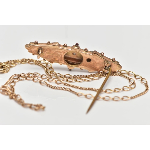 22 - A LATE VICTORIAN 9CT GOLD DIAMOND BROOCH AND A 9CT GOLD NECKLACE, the first designed as a late Victo... 