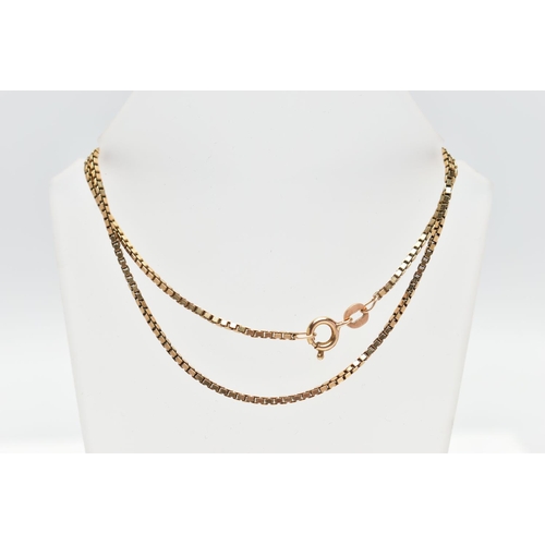 24 - A 9CT GOLD CHAIN NECKLACE, a fine box link chain, approximate chain length 380mm, fitted with a spri... 