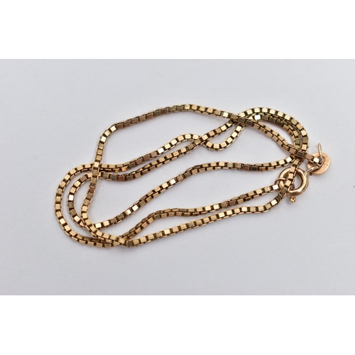 24 - A 9CT GOLD CHAIN NECKLACE, a fine box link chain, approximate chain length 380mm, fitted with a spri... 