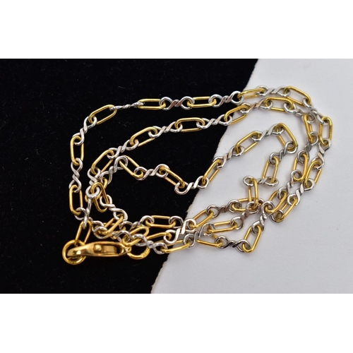 27 - AN 18CT GOLD NECKLACE, comprising a series of yellow and white gold oval and infinity links, with lo... 