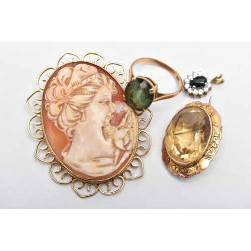 32 - FOUR YELLOW METAL ITEMS OF JEWELLERY, to include a 9ct gold shell cameo brooch depicting a lady in p... 