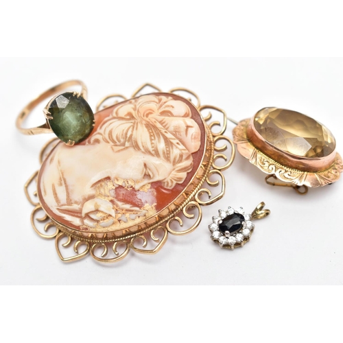 32 - FOUR YELLOW METAL ITEMS OF JEWELLERY, to include a 9ct gold shell cameo brooch depicting a lady in p... 